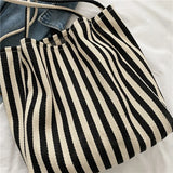 Female Casual Multifunctional Travel Top-handle Handbag Large Capacity Canvas Women Shopper Tote Simple Striped Shoulder Bag2025