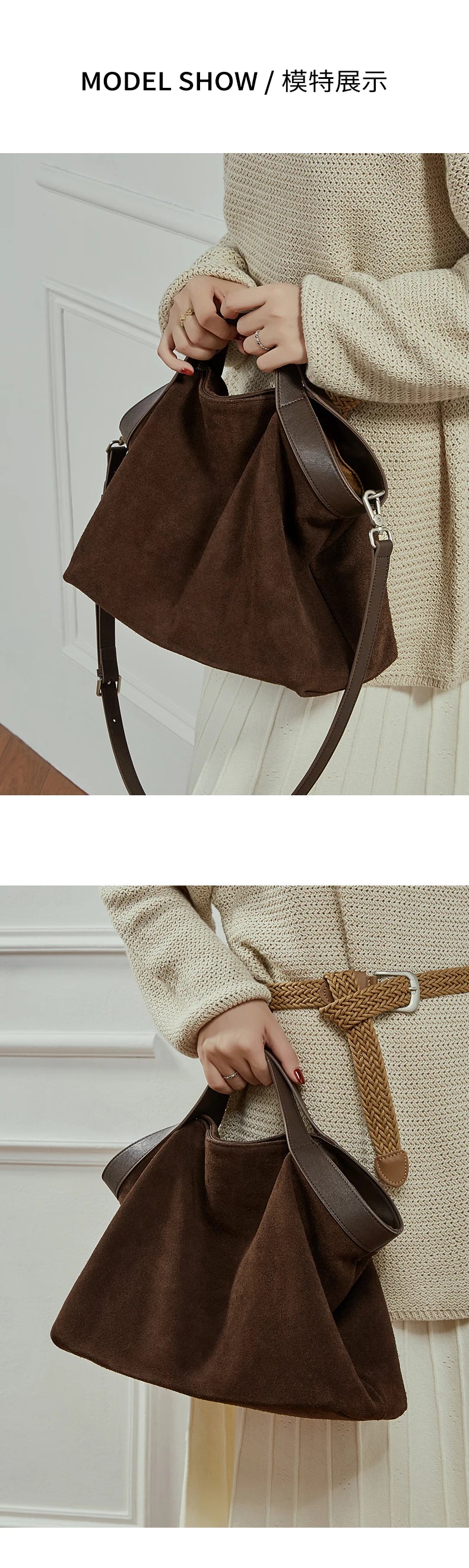 BURMINSA Genuine Suede Leather Hobo Bags Women Vintage Designer Large Shoulder Crossbody Tote Slouchy Soft Office Work Handbags