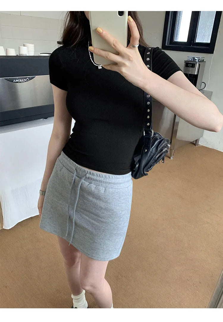 Y2K Vintage Slim Fit Crop Top - Solid Crewneck Short Sleeve Tee