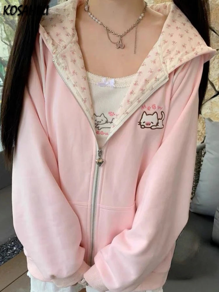 Women's Pink Embroidered Zip-Up Hoodie