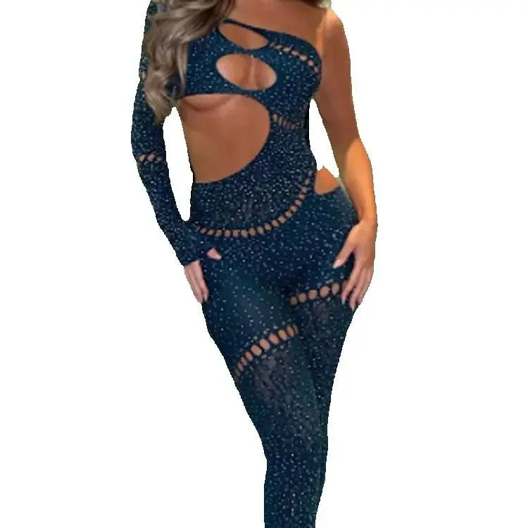 Women's Rhinestone Patchwork Hollow-Out Single Sleeve Jumpsuit