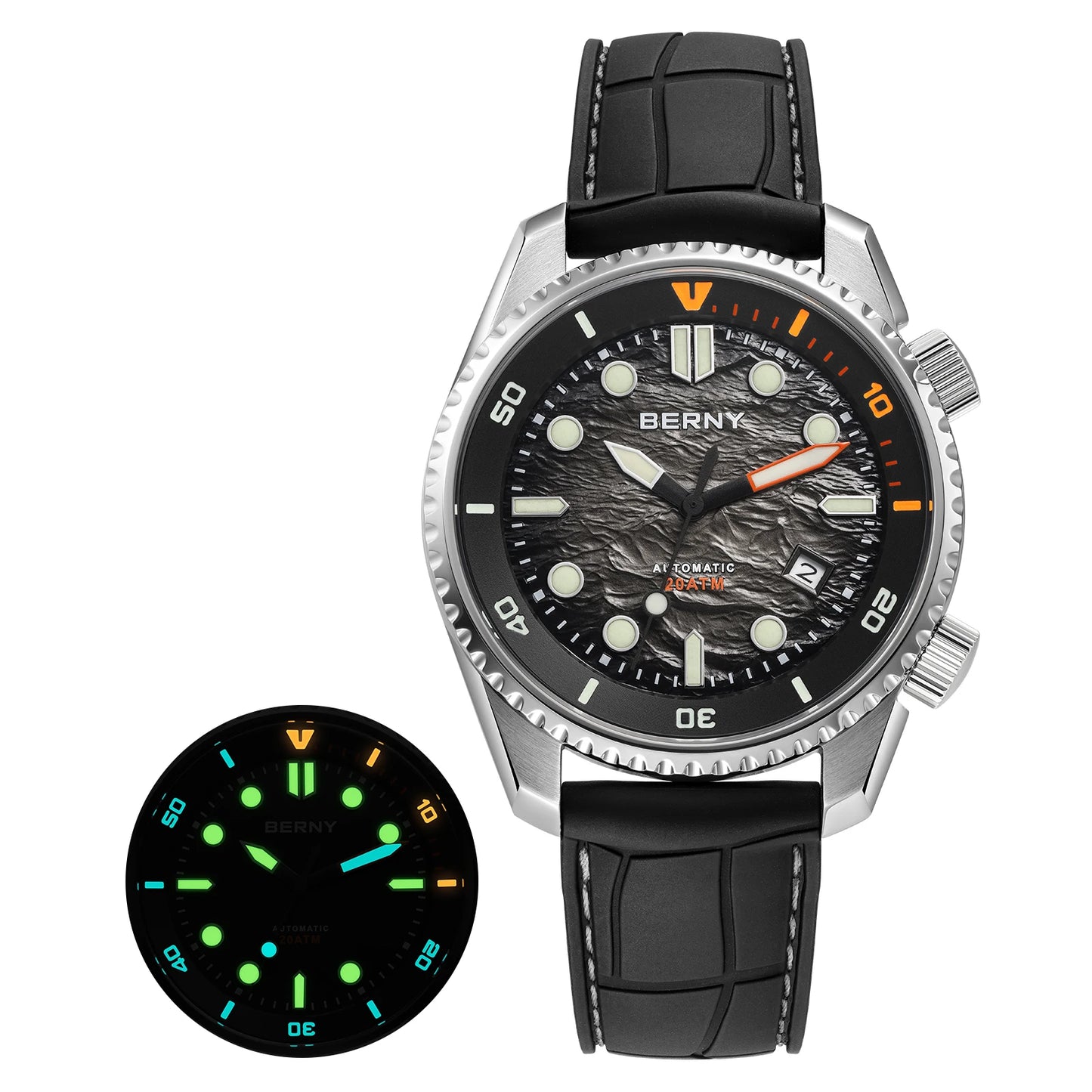 BERNY Automatic Diver Watch for Men Top Luxury Sapphire 316L Steel New Wave Dial 200M Waterproof Mechanical Diving Men's Watches