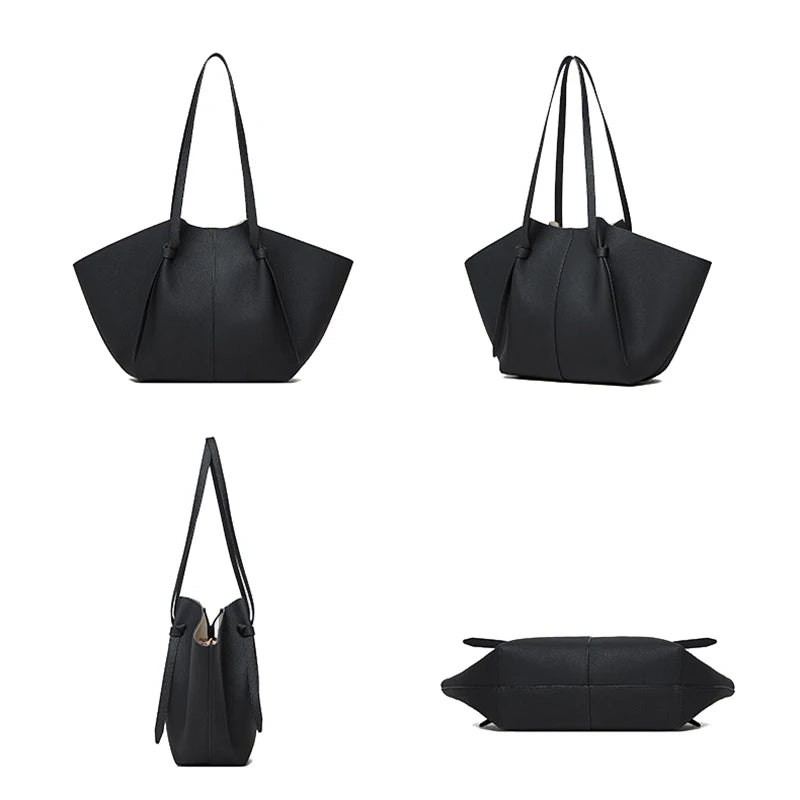 New Women's Large Capacity Cowhide Tote Fashionable Bat Wing Design Genuine Leather Handbag for Commuting Versatile Ladies Bag