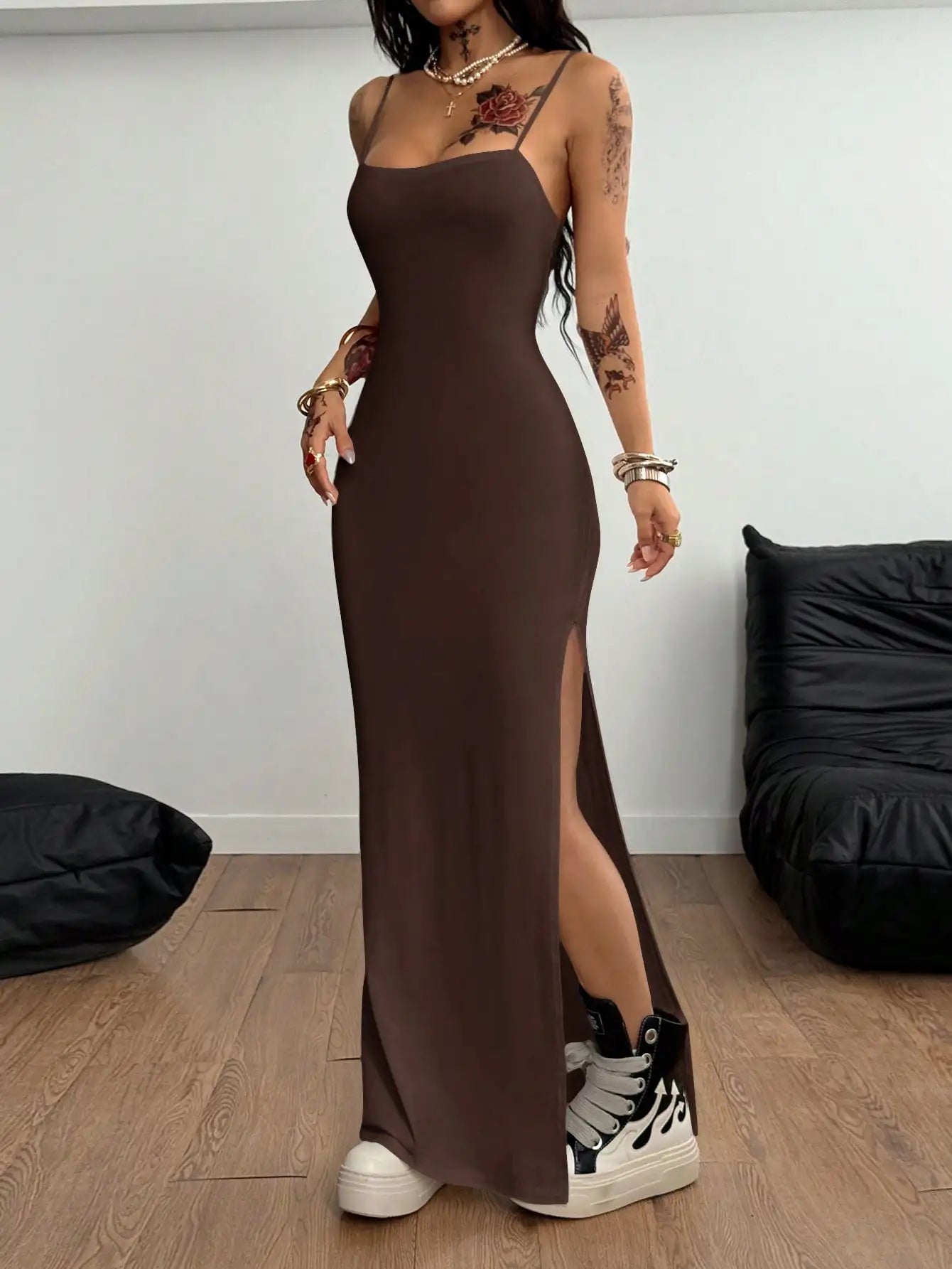 Y2K Woven Tape Split Maxi Dress
