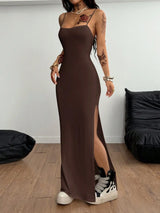 Y2K Woven Tape Split Maxi Dress