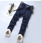 Winter Men's Fleece Thick Sherpa Jeans Business Casual Velvet Straight Denim Pants Male Wool Plush Classic Stretch Trousers