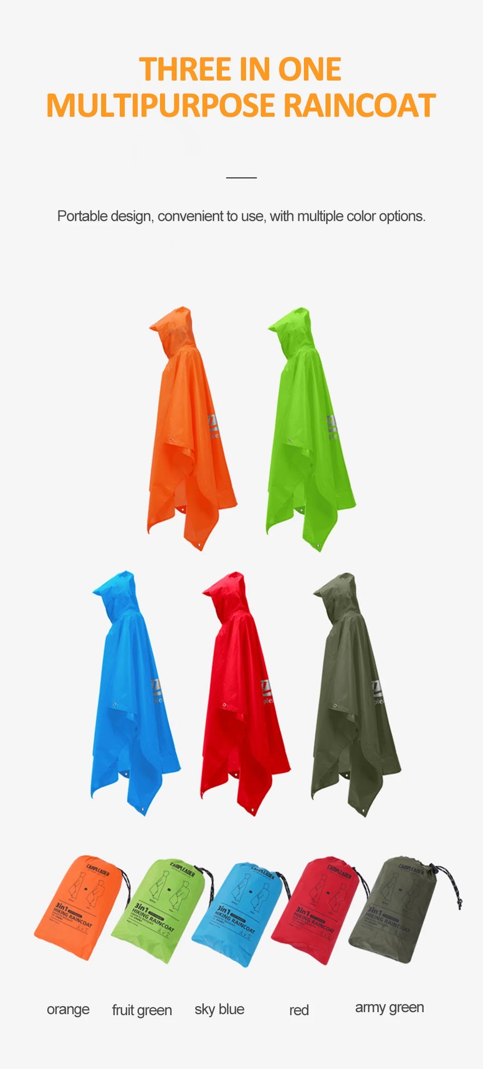 3-in-1 Waterproof Hooded Rain Poncho | Outdoor Raincoat