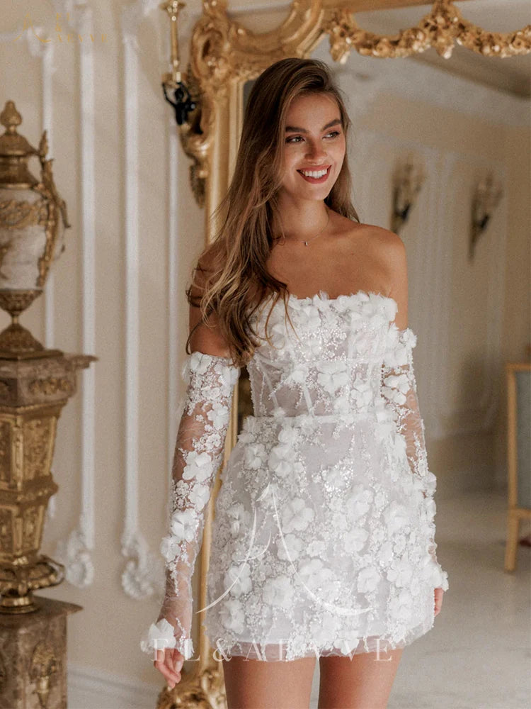 Luxury Beaded Short Wedding Dresses Saudi Arabia Lace Floral Appliques Long Sleeves Bridal Gown Mini Prom Party Dress Customized
