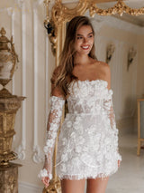 Luxury Beaded Short Wedding Dresses Saudi Arabia Lace Floral Appliques Long Sleeves Bridal Gown Mini Prom Party Dress Customized