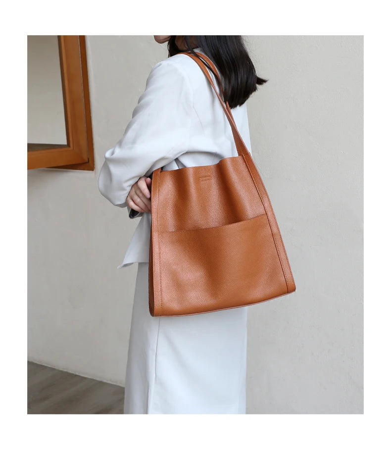 2025 New Women Bag Female Luxury Fashion Shoulder Bags Lady Soft 100% Cowhide Genuine Leather Niche Design Tote Bucket Handbag