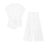 2-Piece Sleeveless V-Neck Trouser Set with Belt – Summer Commuter Wide Leg Suit