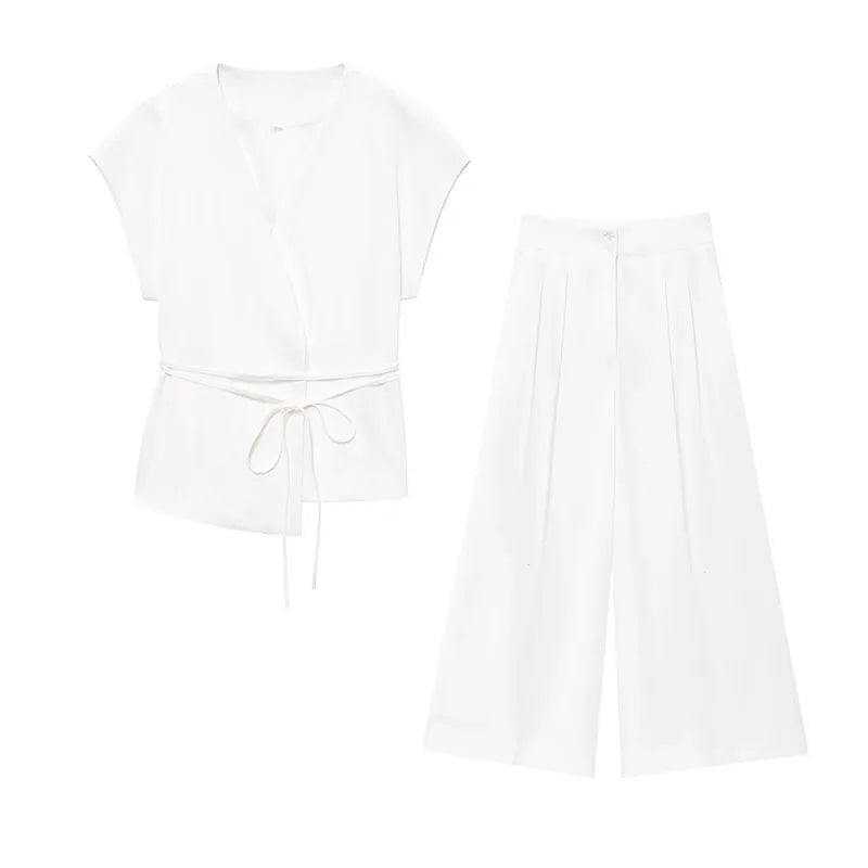 2-Piece Sleeveless V-Neck Trouser Set with Belt – Summer Commuter Wide Leg Suit