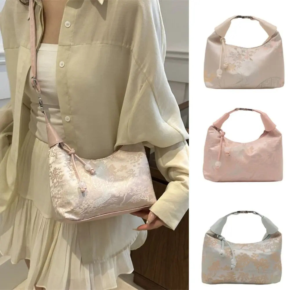 Luxury Embroidery Shoulder Bag Nylon Texture Small Armpit Bag Pearl Pendant Bucket Handbag Women Girl