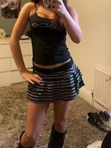 Striped Color-Block Tiered Mini Skirt – Y2K Style