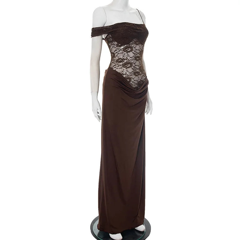 One-Shoulder Lace Gown – Sleeveless Backless Maxi Club Dress