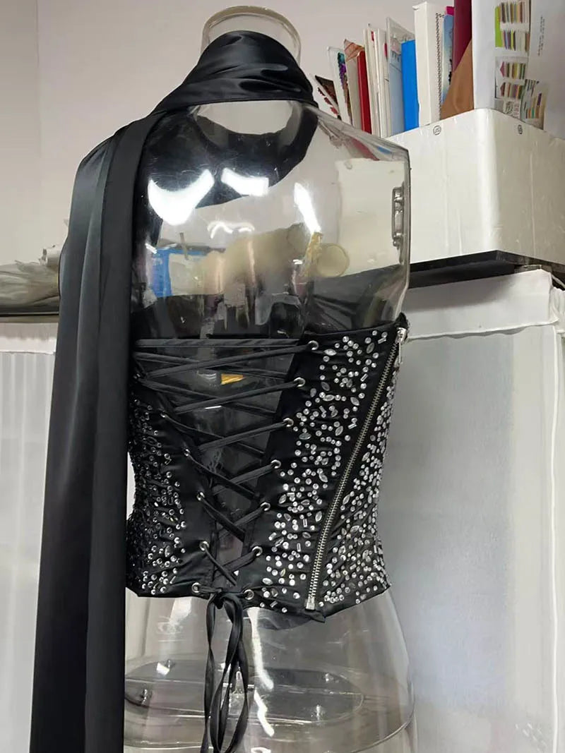 Mozision Sequins Sexy Dress Set Women Sparkle Scarf Collar Crop Tops And Maxi Skirt Elegant Club Party Satin Skirt Matching Set