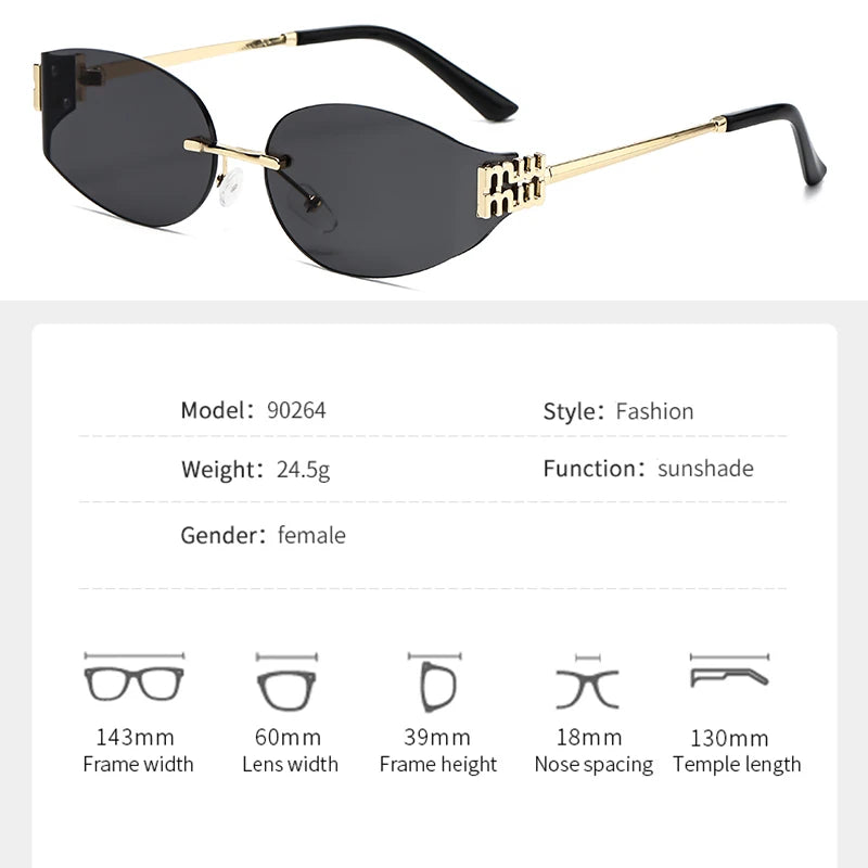 Oversized Rimless Oval Sunglasses – UV400 Metal Frame