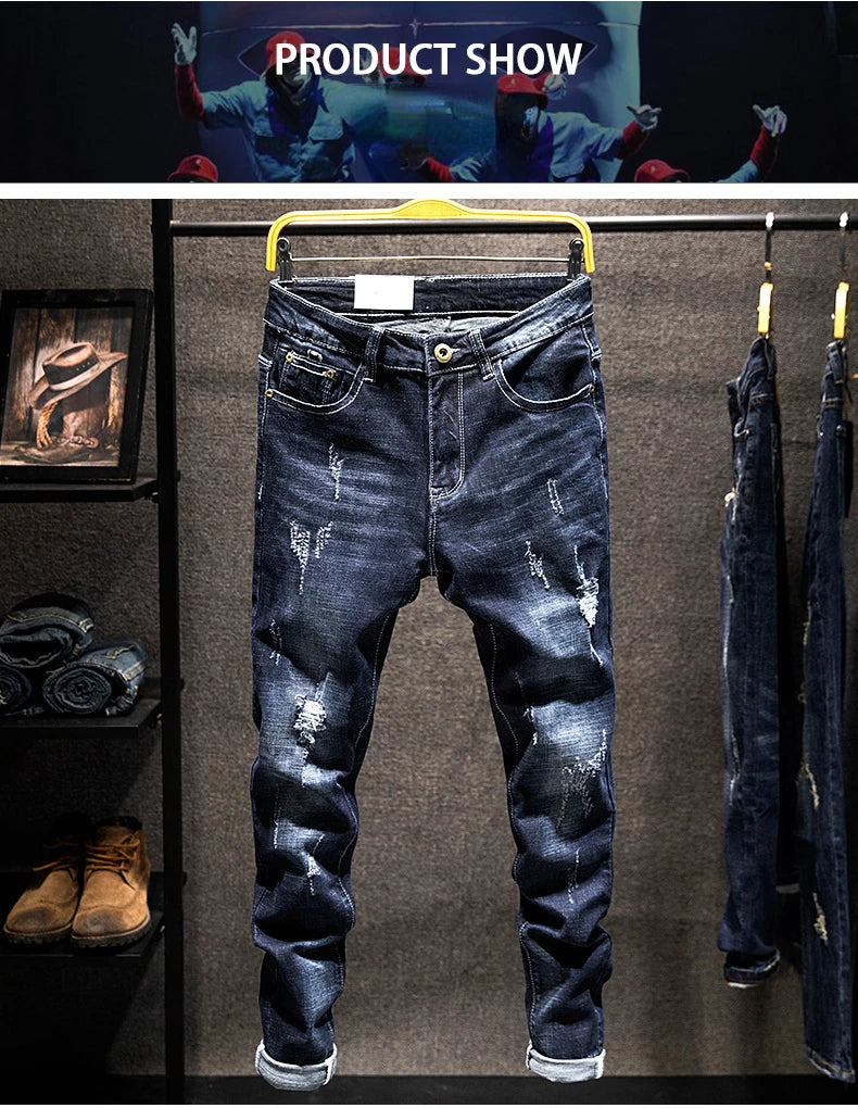 Men's Slim-Fit Ripped Jeans | Blue Black Denim
