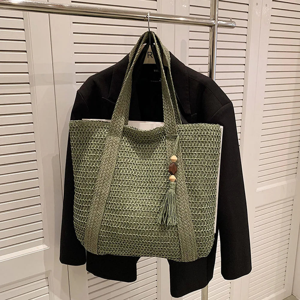 Woven Handbags Ladies Summer Woven Totes Bag with Tassel Women Shoulder Bag Large Capacity Fashion Straw Female Shopper Bag
