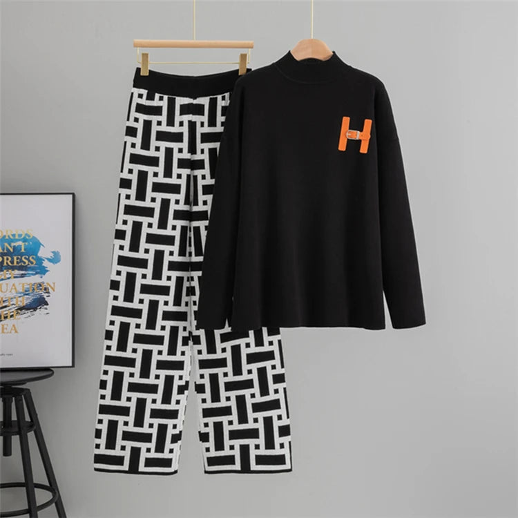 Women’s Autumn Color-Block Knit Set | Loose Split Top & Wide Leg Pants