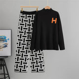 Women’s Autumn Color-Block Knit Set | Loose Split Top & Wide Leg Pants