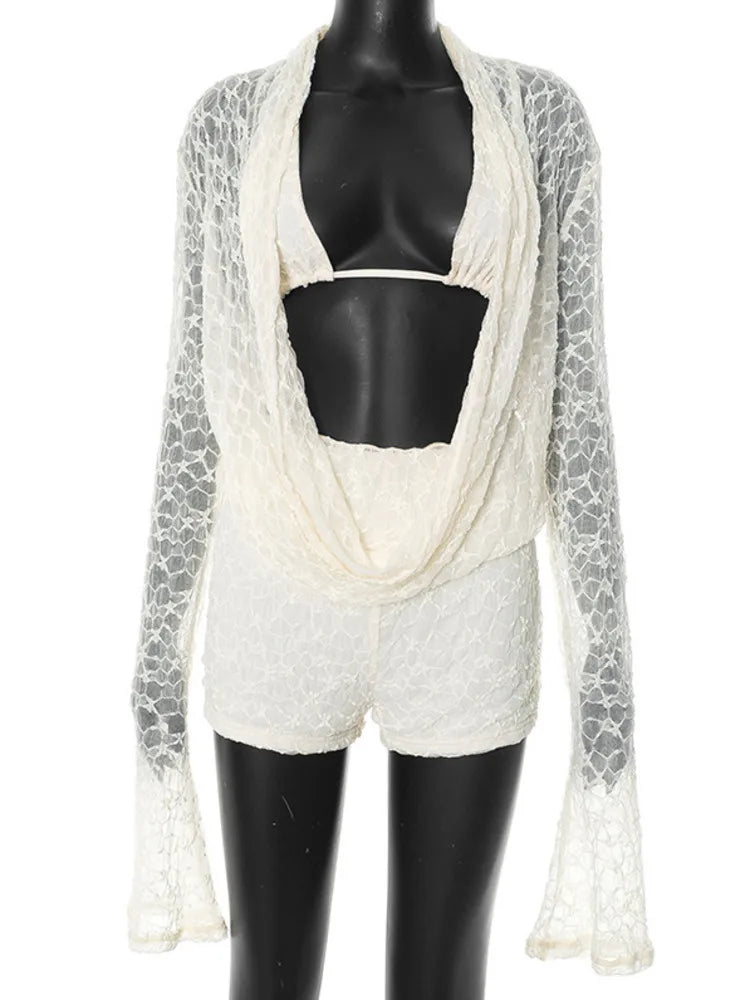 Mozision Lace Two Piece Set Women See Through Long Sleeve T-shirt And Shorts Matching Sets Female Elegant Shorts Two Piece Set
