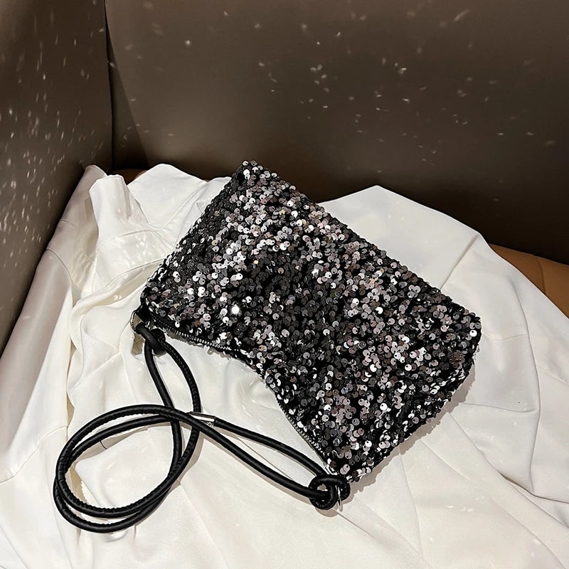 Daily Trendy V-neck Sequins Mini Underarm Bag Soft Lining, Simple Party Handbag for Women Street Matching Night Events