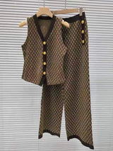 French Style 3-Piece Jacquard Knit Pant Suit – Elegant Vest, Cardigan & Wide-Leg Trousers