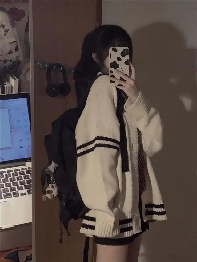 Y2K Striped Loose Cardigan – Vintage V-Neck Knit Sweater Coat