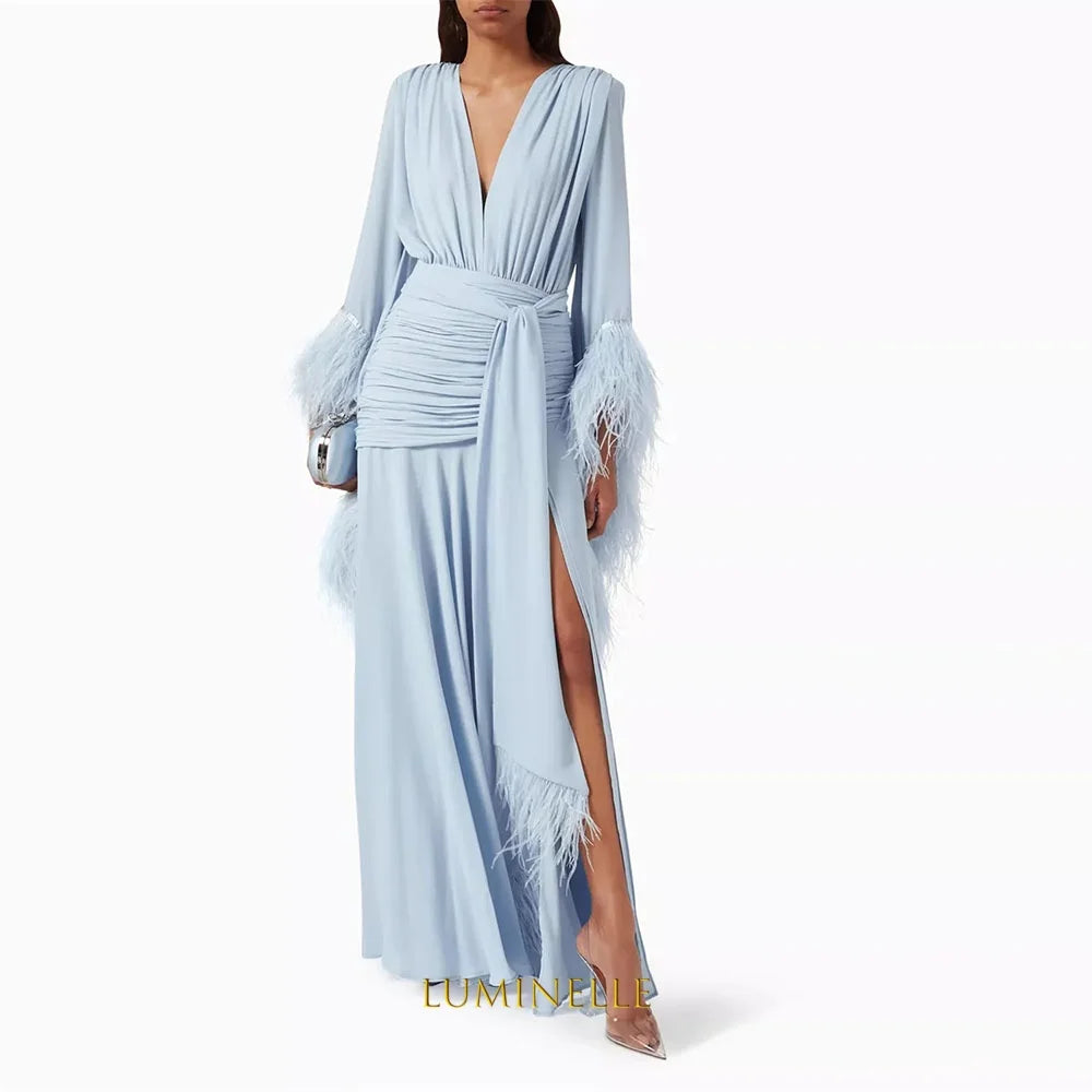 Customized V-Neck Side High Slit A-Line Prom Dresses Long Sleeve Elegant Evening Gowns Cascading Ruffle Party Dresses 2026