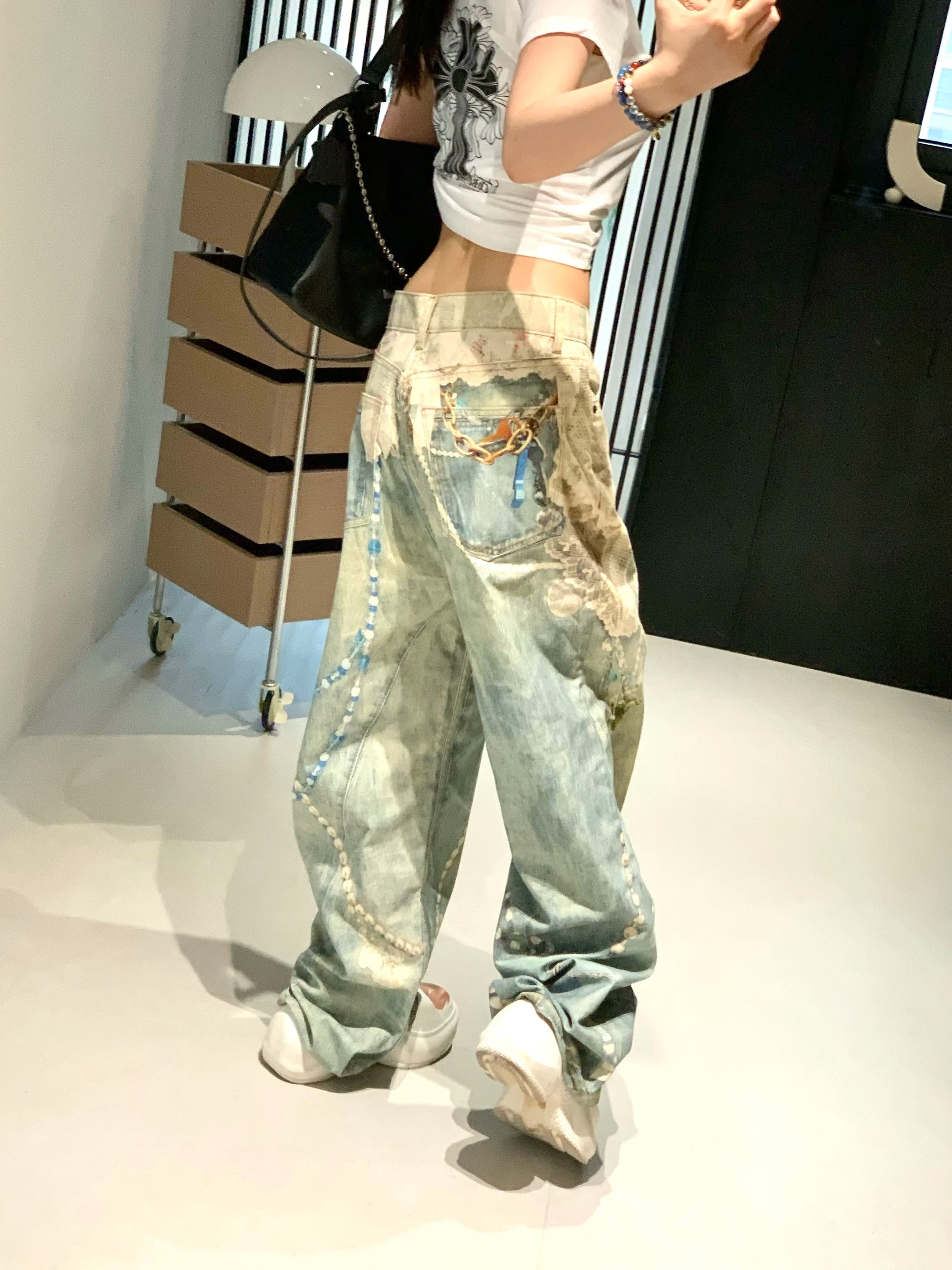 3D Pearl Chain Trompe L'Oeil Straight-Leg Jeans