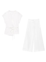 2-Piece Sleeveless V-Neck Trouser Set with Belt – Summer Commuter Wide Leg Suit