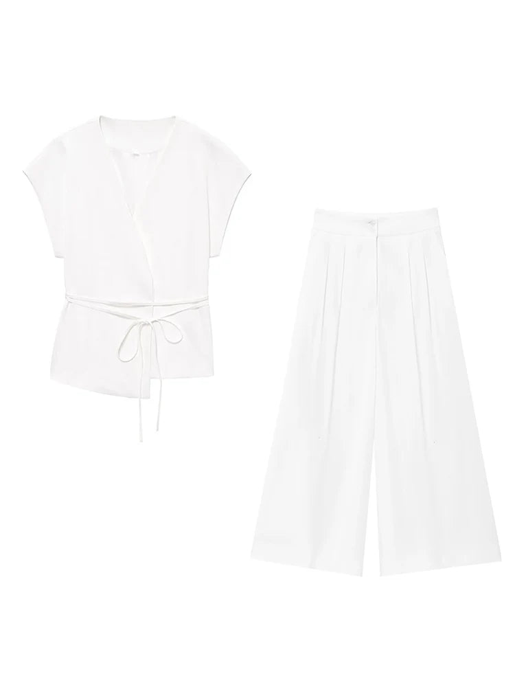 2-Piece Sleeveless V-Neck Trouser Set with Belt – Summer Commuter Wide Leg Suit