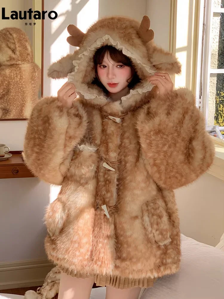 Women's Hooded Faux Fur Coat with Deer Ears