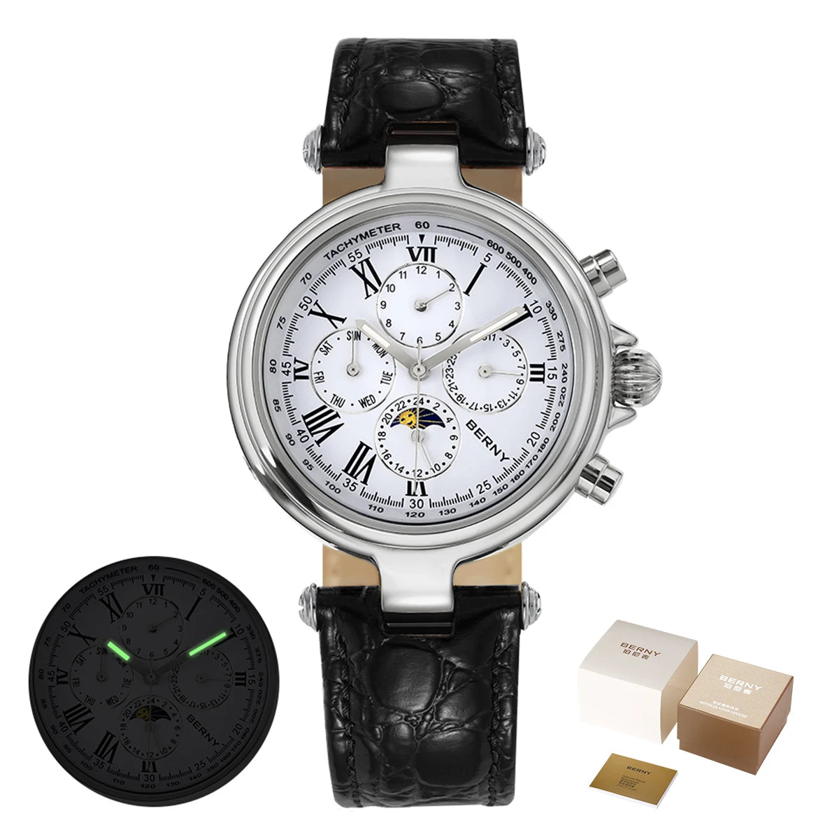 BERNY Retro Automatic Men's Watch Sun&Moon Phase Luminous ST1652 Classic Genuine Leather Luxury Mechanical Men's Dress Watches
