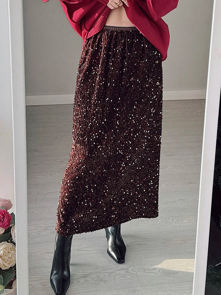 High Waisted Sequin Maxi Skirt Women Elegant Shiny Straight Skirts With Slit Summer Spring Black Long Sequin Skirt For Women