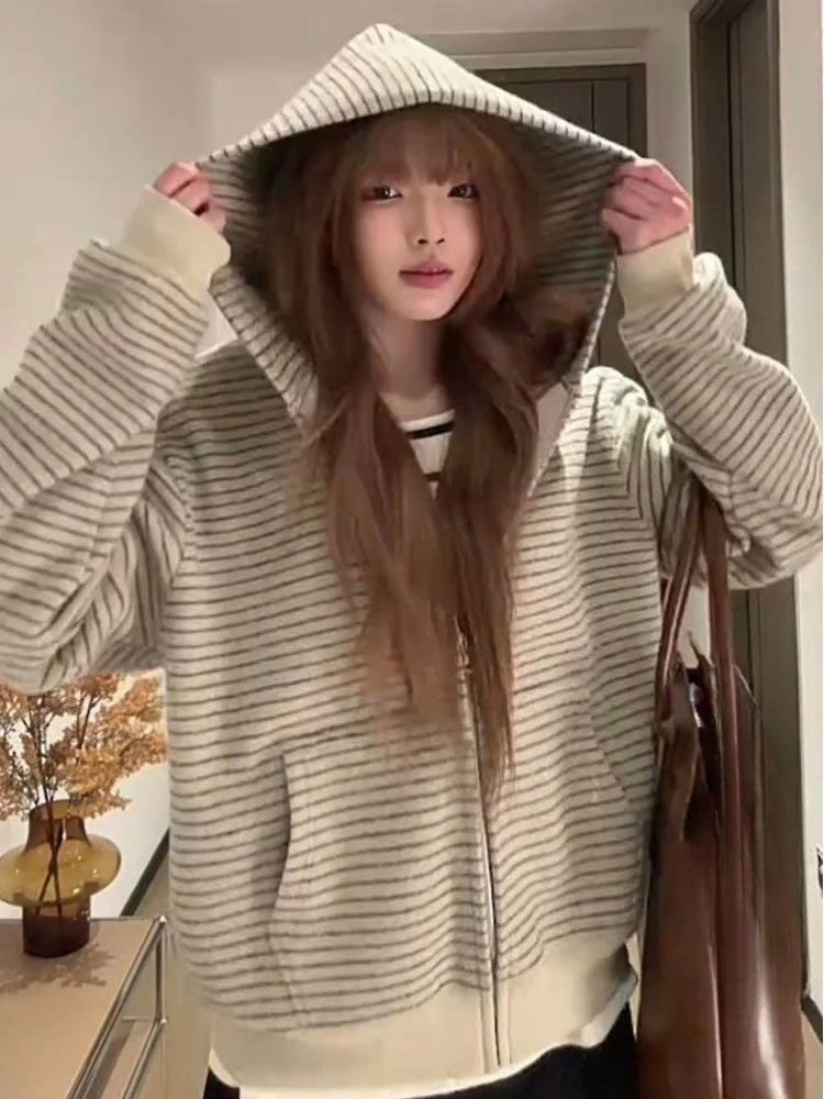 2000S American Vintage Striped Loose Long Sleeve Hooded Sweatshirt Y2k Subculture Casual Zip Up Hooded Cardigan Harajuku Coats