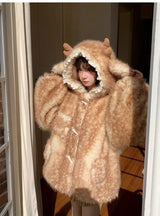 Women's Hooded Faux Fur Coat with Deer Ears