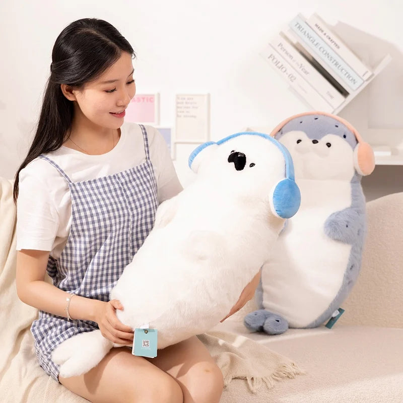 High Quality Cartoon Earphone Seal Sea Otter Plush Toy Ball Round Cushion Throw Pillow for Kids Birthday Gift School Nap Sleep