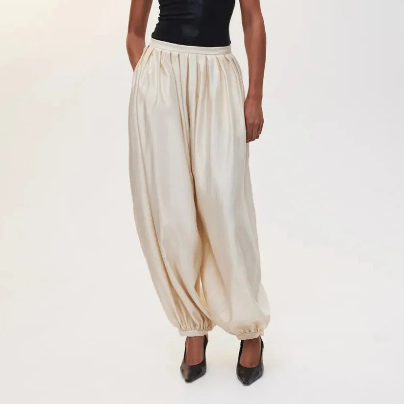 Women's Satin Lantern Pants with Pleated Detail