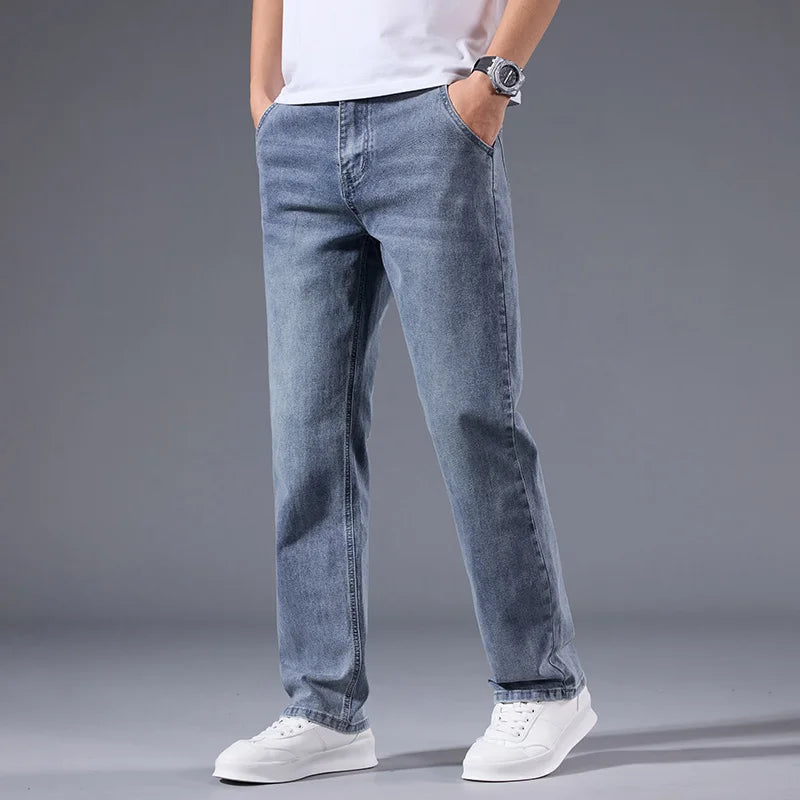 Men's Winter Fleece Thicken Lightweight Business Straight Leg Jeans Solid Color Versatile Slight Elastic Long Pants
