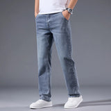 Men's Winter Fleece Thicken Lightweight Business Straight Leg Jeans Solid Color Versatile Slight Elastic Long Pants