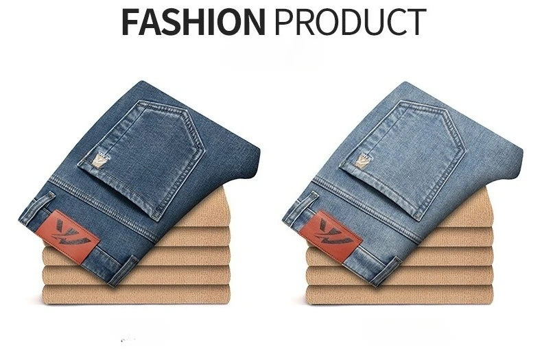 2025 Winter New Men's Fleece Thickened Jeans Retro Blue Hot Straight Casual Pants Stretch Premium Velvet Warm Denim Pants