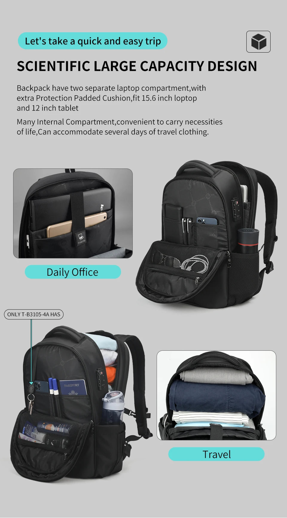 Tigernu Travel Backpacks 14-15.6-17'' Laptop Backpack For Men TSA Anti Theft Backpack Nylon Backpacks Bag For Schoolbag Knapsack