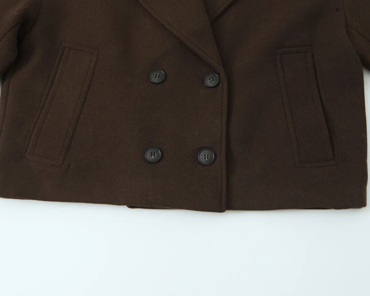 NLZGMSJ Vintage Casual Chic Women Overcoat Solid Pockets Double-breasted Short Coat New Fashion 2025 Winter Holiday Coats
