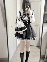 Japanese Y2K Aesthetics Vintage Bow Dress Shorts Set Women Gothic Lolita Style Long Sleeve Shirt Dress Elegant Party Dress Suits