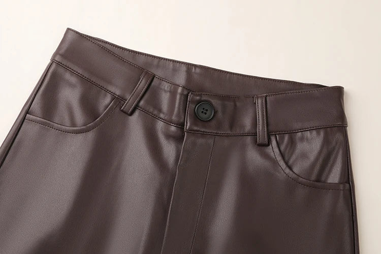 Women's High Waist Faux Leather Wide Leg Fleece Pants