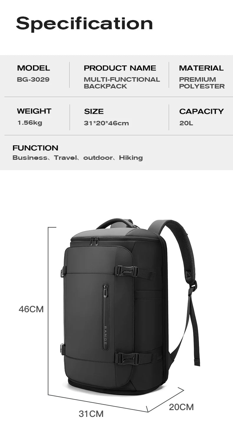 BANGE Multi New Men Backpack Sports Travel Business Large Capacity Dry and Wet Separation Outdoor Hiking with Shoe Compartments