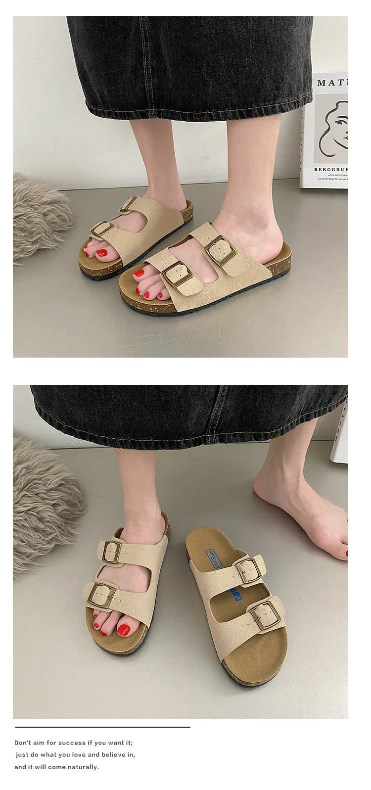 Comwarm Men's Cork Footbed Slides Sandals Arch Support Summer Outdoor Sandals with Adjustable Buckle Leisure Men Leather Slides