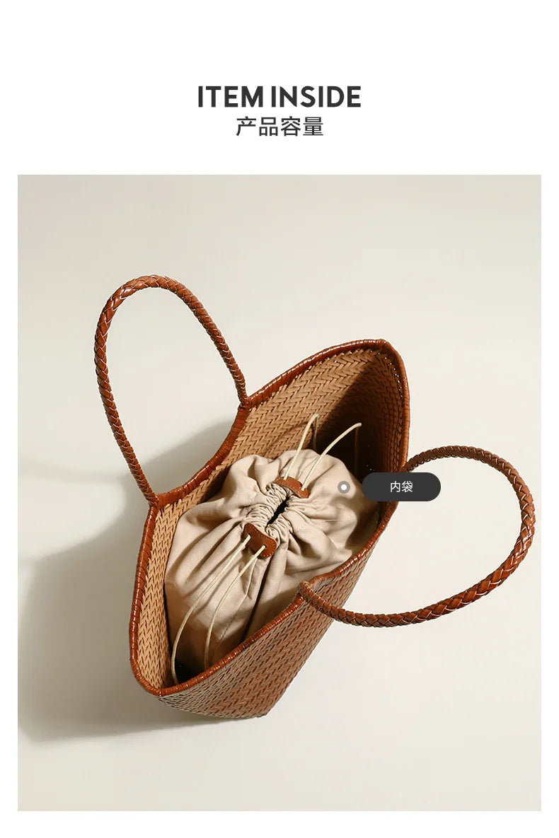 Leather woven bag, large-capacity women's tote bag, holiday leisure top layer cowhide shoulder bag, vegetable basket bag.